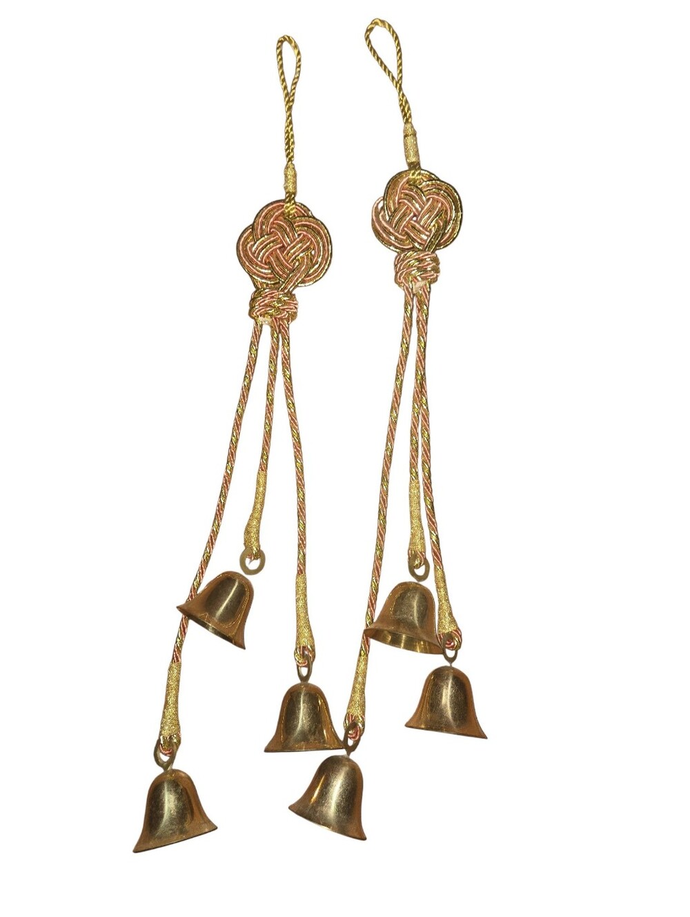 Pair of Brass Bell Hangers with Woven Mystic Knot Cord
